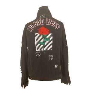 Rue21 Black Denim Jacket‎ No Bad Vibes Graphic Rose Smile Patch Medium